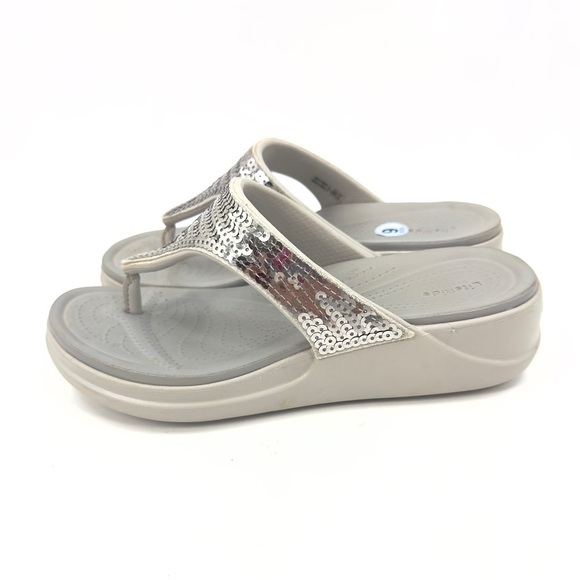 Crocs Boca Wedge Sandals Womens 6 Silver Sequin Thong Flip Flop Platform Beachy - Picture 4 of 10